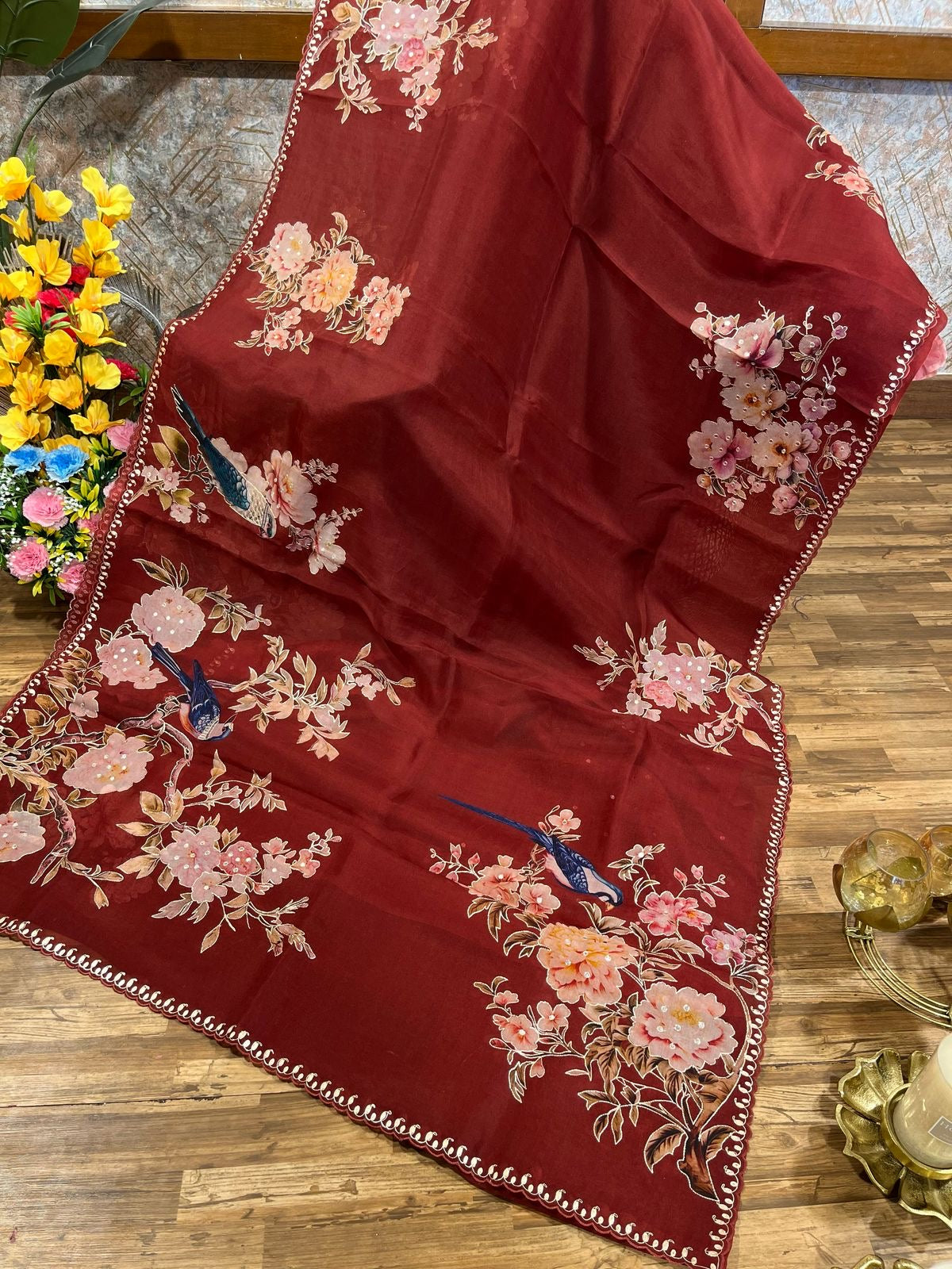 Maroon Designer Floral Print Organza